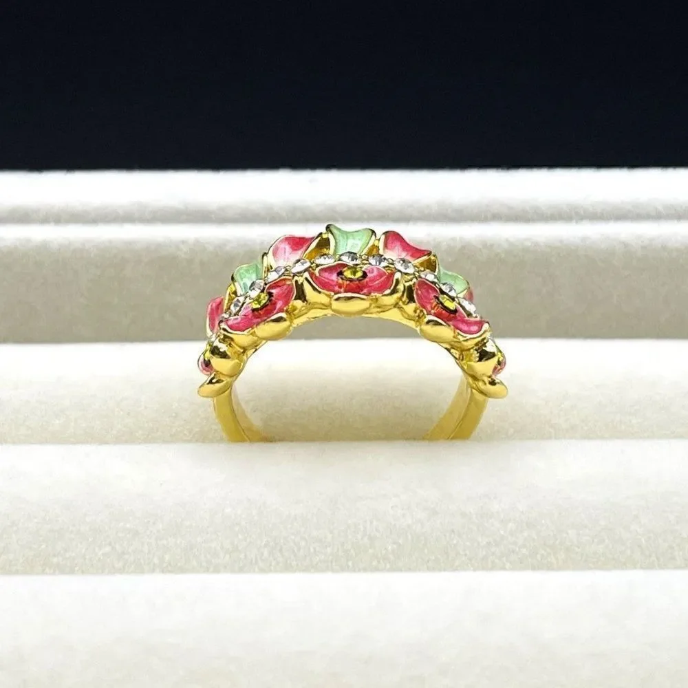 Yellow Gold with Citrine and Diamond Crystal Enamel Leaf and Flower Ring Size 6